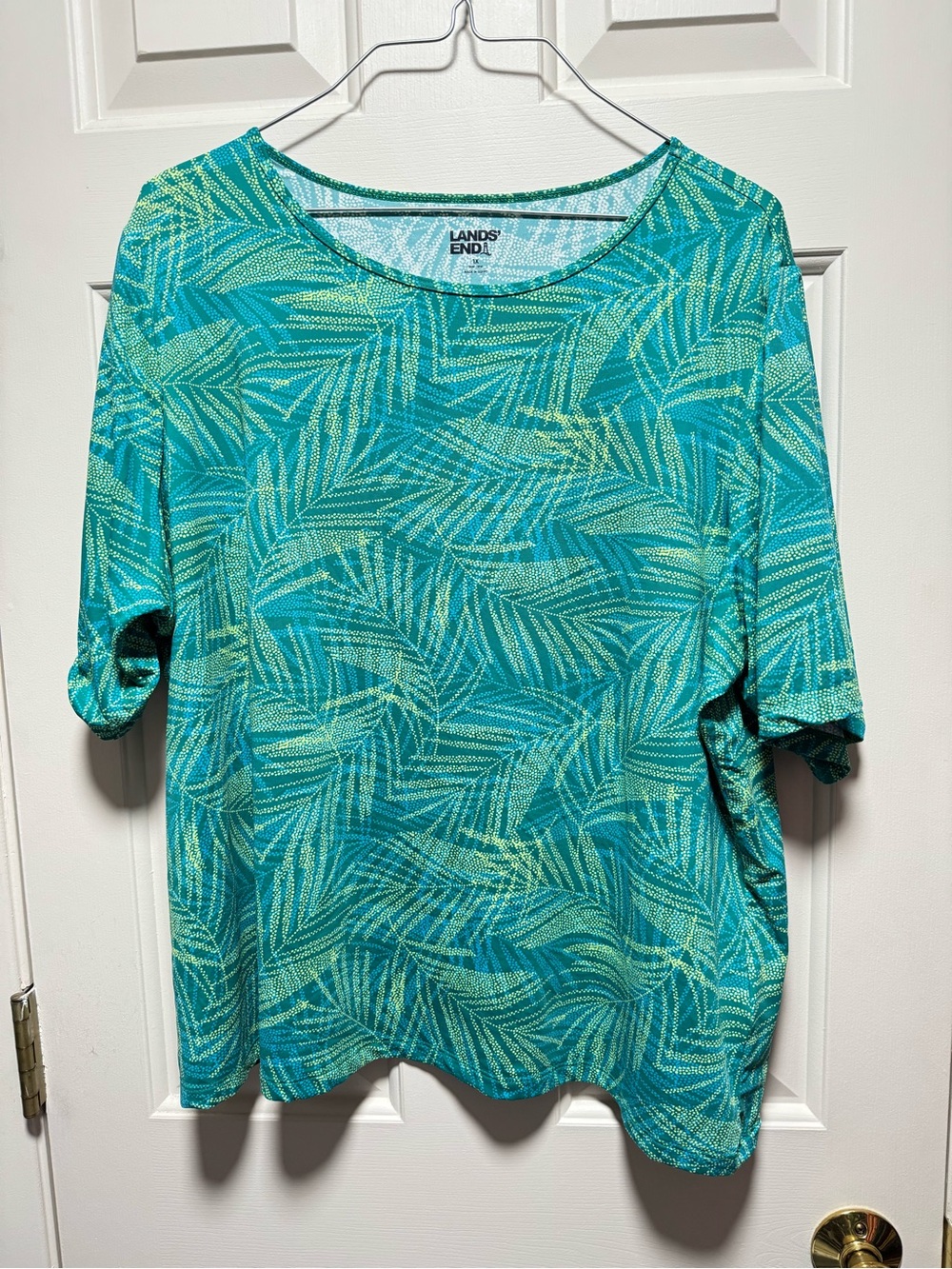 Lands End Teal Palm Leaf  Womens UPF 50 Sun Shade Top 1X Plus Size Swim Summer